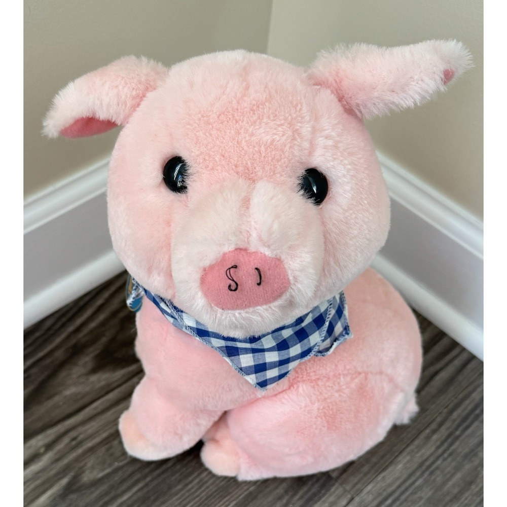 Vintage 1986 Dakin Plush Pink Pig Sitting Stuffed Animal Blue Checkered Bandana